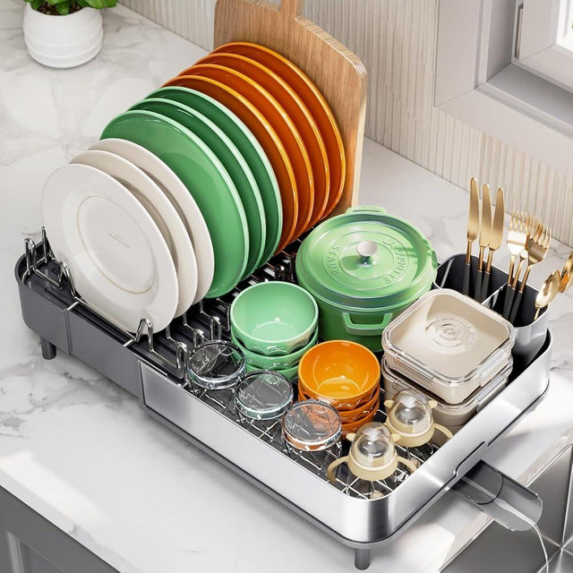 Urackify Dish Drying Rack for Kitchen Counter, 304 Stainless Steel Dish Rack, Expandable Dish Drainer, Foldable Dish Strainer, Extendable Dish Drainer Rack with Cutlery Holder, Kitchen Plate Rack
