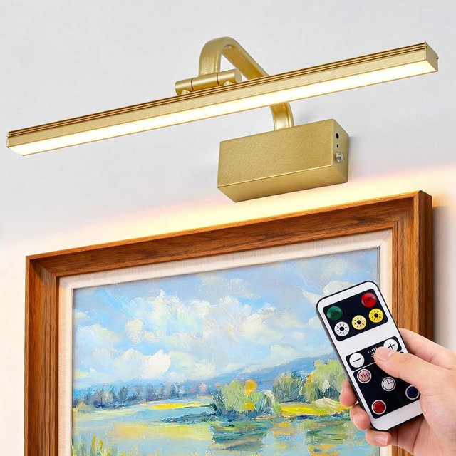 RAIFOOLLY Picture Light, 16inch Cordless Picture Lights for Wall with Timer and Dimmable, Battery Operated Metal Wall Lights for Display Gallery Painting Art Frame Portrait - Gold