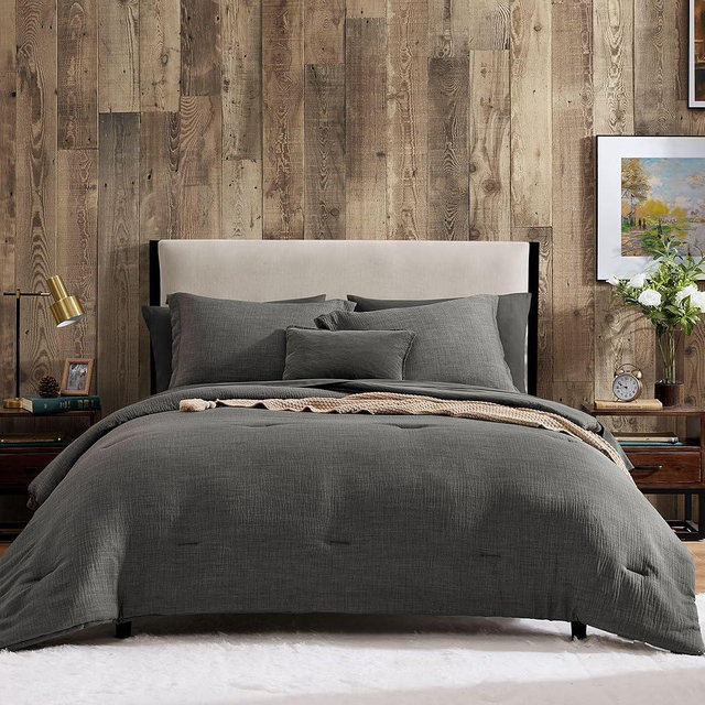 Geniospin King Size Comforter Set- 7 Piece Grey Textured King Bedding Set, Soft Solid Bed in a Bag for All Season, King Comforter Set with Sheets(Grey,102''x90'')