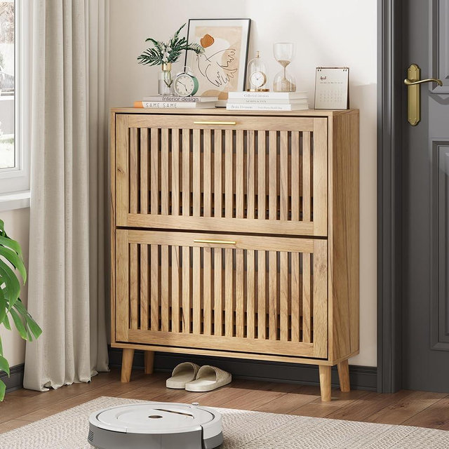Shoe Storage Cabinet with Louvered 2 Flip Drawers, Narrow Shoe Cabinet Storage for Entryway, Freestanding Shoe Organizer Cabinet with Golden Handles, Slim Shoe Rack Cabinet 31.5in(Natural Wood)