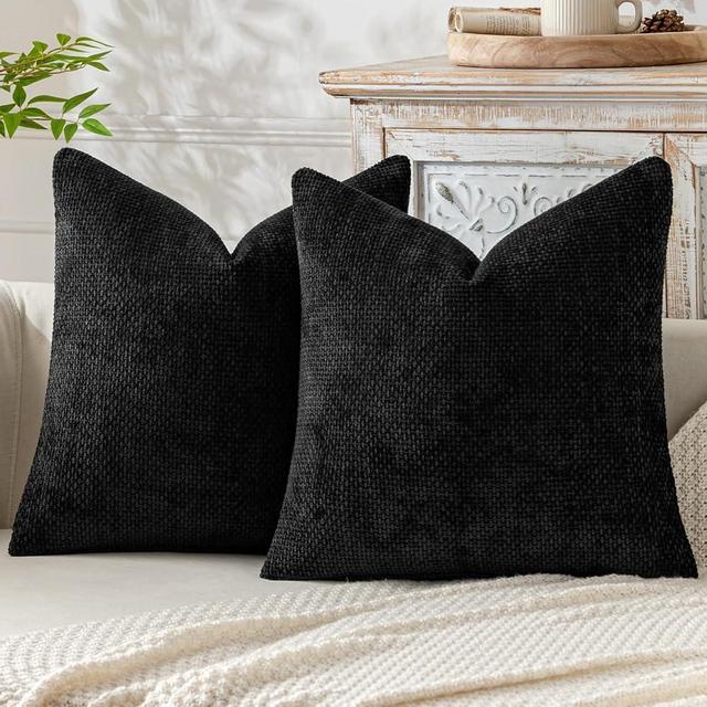 MIULEE Pack of 2 Black Decorative Pillow Covers 18x18 Inch Soft Chenille Couch Throw Pillows Farmhouse Cushion Covers for Home Decor Sofa Bedroom Living Room