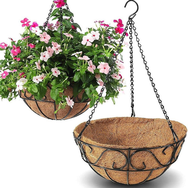 THIKDIKAKT 2 Pack Metal Hanging Planter Basket with Coco Coir Liner Chain Round for Garden Decoration Porch Indoor Outdoor (S Shape)