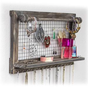 SoCal Buttercup Rustic Brown Jewelry Organizer with Removable Bracelet Rod from Wooden Wall Mounted Holder for Earrings Necklaces Bracelets and Other Accessories