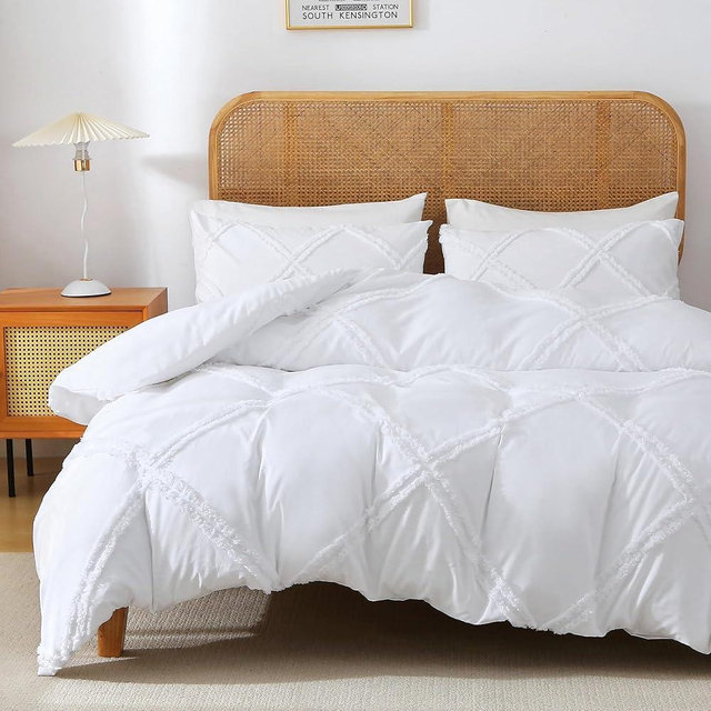 MILDLY Boho Duvet Cover White - Tufted Comforter Cover Set Geometric Textured Jacquard King Size Bedding Set with Corner Ties & Zipper Closure