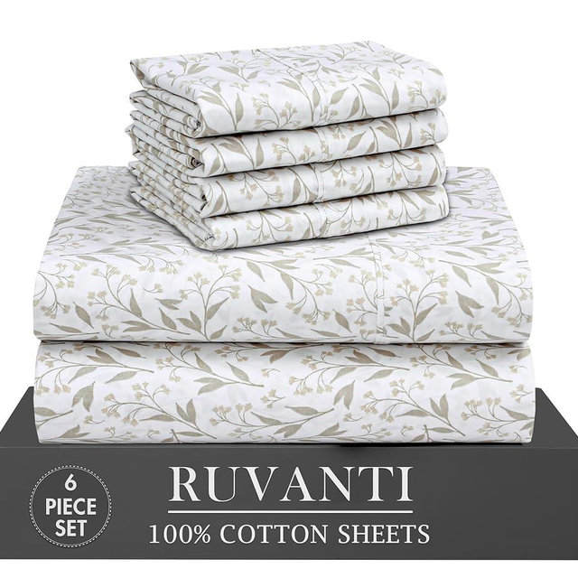 RUVANTI 6 Pcs Cotton Sheets - 100% Natural Cotton Soft, Lightweight & Breathable Crispy Percale Bed Sheets, King Size Sheets Set 16" Deep Pockets, Botanica Living
