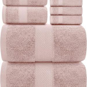 Pink Classic Luxury Bath Towel Set of 8 Pieces - 100% Turkish Cotton Highly Absorbent Towels for Bathroom, 2 Luxury Bath Towels 700GSM, 2 Hand Towels, 4 Washcloths, Pink