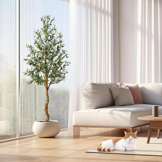 CAPHAUS Artificial Olive Tree with Fruit, Fake Potted Topiary Tree with Dried Moss, 5 / 6 / 7 Feet - 84" H x 5.91" W x 5.91" D