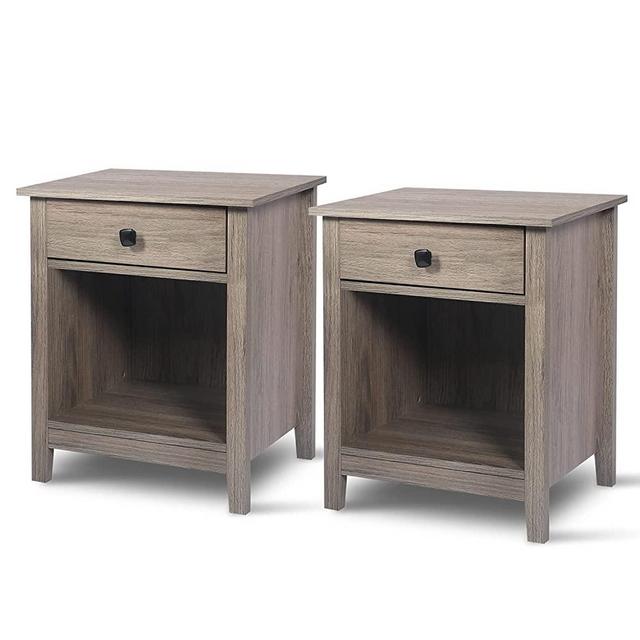 LTMEUTY Set of 2 Nightstands for Bedroom - Wood Nightstand Set with Drawers, Bedside Table, Tall Night Stand with 1-Drawer & Open Cabinet, Gray Wood Grain