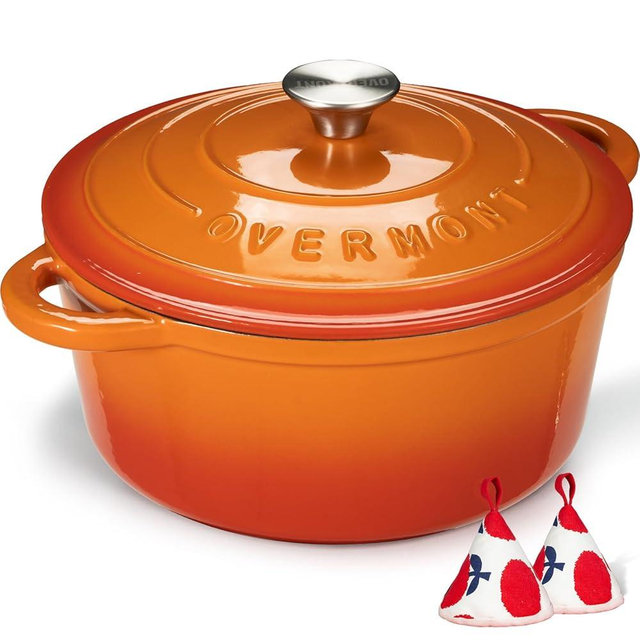 Overmont Enameled Cast Iron Dutch Oven - 7QT Pot with Lid Cookbook & Cotton Potholders - Heavy-Duty Cookware for Braising, Stews, Roasting, Bread Baking orange