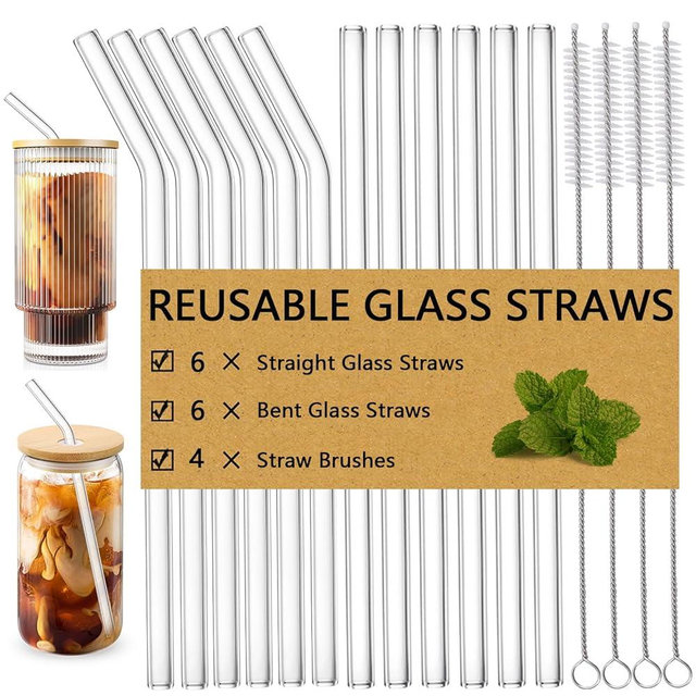 CWHHRN 16 Pack Reusable Glass Straws with Brushes, Clear Glass Drinking Straws, 8.5''x10MM, Set of 6 Straight + 6 Bent with + 4 Cleaning Brushes
