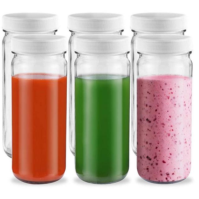 Glass Water Bottles, SXUDA 16 Ounce 6 Pack Glass Beverage Bottle with Plastic Airtight Lids, Reusable Travel Glass Drinking Bottle for Juicing, Smoothies, Kombucha, Tea, Milk Bottles