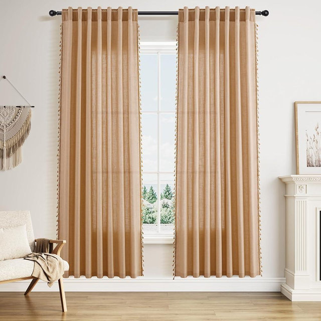 Naturoom Camel Boho Linen Curtains 80 Inches Long 2 Panels Farmhouse Style Curtains with Tassles Back Tab Rod Pocket Drapes for Bedroom Bohemian Chic Window Treatment Light Filtering 52X80