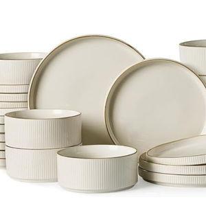 White - Famiware Star Dinnerware Set, Plates and Bowls Sets for 8 (24pcs), Ribbed Stoneware Dishes - Chip & Scratch Resistant, Microwave & Dishwasher Safe Tableware, White