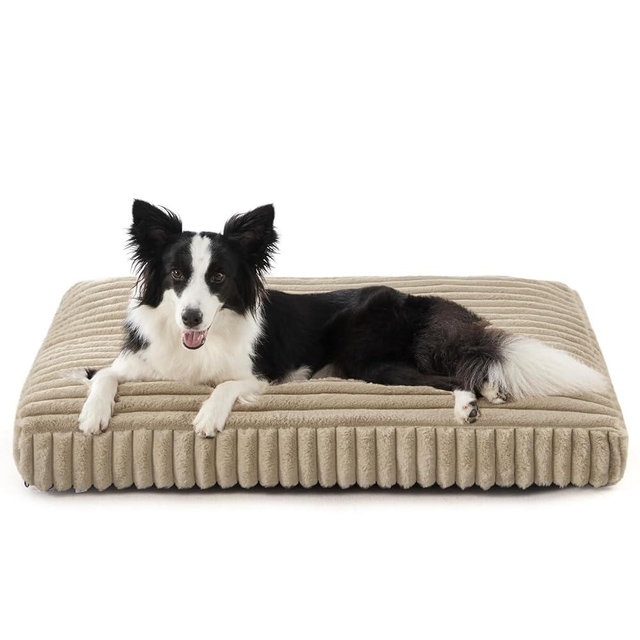 Dog Beds Large Sized Dog, Flat Pet Beds with Removable Washable Cover, Pet Mat Cute Pet Crate Bed Thick Shredded Chopped Crate Foam & Anti Slip Bottom for Indoor, 35"x23"x4" Beige