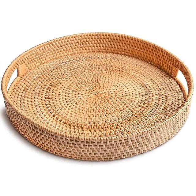 HITOMEN Hand-Woven Round Rattan Serving Tray with Handles Wicker Platter for Snack, Bread, Fruit for Coffee Table