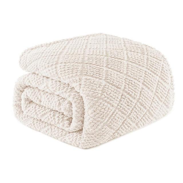 Whale Flotilla Fuzzy Fleece Queen Size Blanket for Bed, Soft Fluffy Jacquard Waffle Blankets for All Season, Lightweight and Warm, 90x90 Inch, Ivory