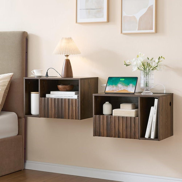 BuildHom Floating Nightstand with Charging Station, Walnut Fluted Wall Mounted NightStand with Drawers, Bedside with USB Ports and Outlets, Bedroom Furniture (Set of 2)