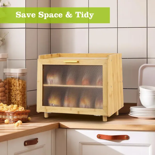 Bread Box, Double Layer Bamboo Kitchen Countertop Storage - Farmhouse Container with Window, Large Capacity for Bread, Rolls