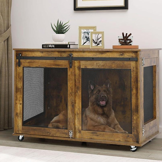 LINLUX 47 Inch Large Dog Crate Furniture, Wooden Heavy Duty XL Dog Kennel Indoor, Decorative Dog Cage Table for Large Dogs, with Sliding Doors, Wheels and Flip-top Plate, Rustic Brown