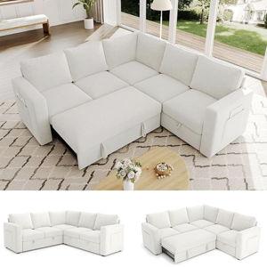 83.5" Sectional Sleeper Sofa with Pull Out Couch, Modern 5 Seat L Shaped Modular Couch, Sectionals Modular Sofa with Storage, Comfy Sectional Couches for Living Room & Apartment, Light Beige