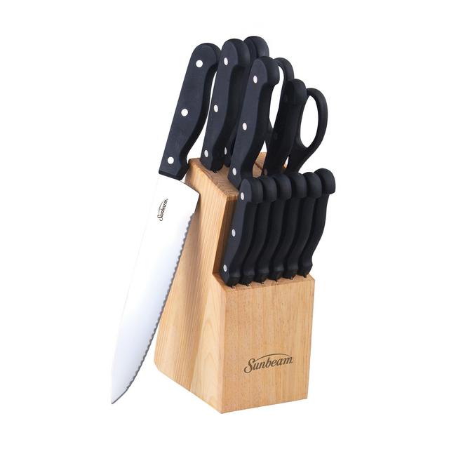 Sunbeam 70329.13 Westmont 13-Piece Cutlery Set in Pine Wood Block, Black Handles