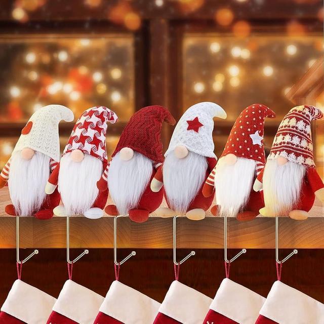 Christmas Stocking Holders for Mantle Set of 6, Gnome Stocking Holders for Mantle, Christmas Stocking Hangers for Mantel Set of 6, Stocking Hooks for Mantle Stocking Hangers Fireplace Stocking Hangers