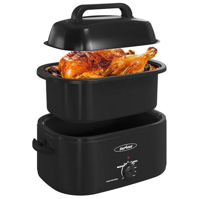 Sunvivi 22 Quart Electric Roaster Oven Turkey Roaster with Lid Electric Roasters with Removable Pan Large Roaster,Visible & Self-basting Lid, Fast Heating & Thaw/warming Setting,Black