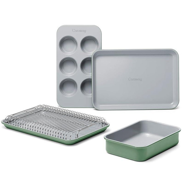 Caraway Mini Bakeware Set – Naturally Non-Stick, Non-Toxic Ceramic Coating – Compact Baking Pans Set for Small Kitchens & Ovens – Includes Baking Sheets, Muffin Pan, Cooling Rack & Storage - Sage