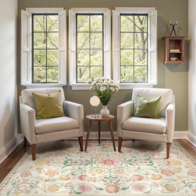 Anidaroel Boho Area Rug for Bedroom, Washable 5X7 Soft Carpet for Living Room, Non-Slip Distressed Beige Floral, Stain Resistant Indoor for Bedside, Apartment, Foyer