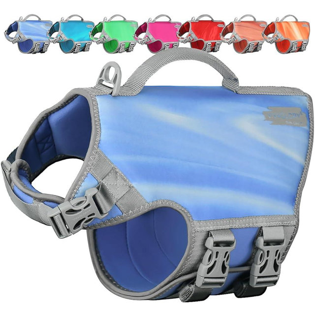 VIVAGLORY Neoprene Dog Life Vest, Dog Life Jacket for Swimming & Boating, Lightweight & Buoyancy for Puppy Doggy, Swimming Vest with Handle, M, Blue Wave