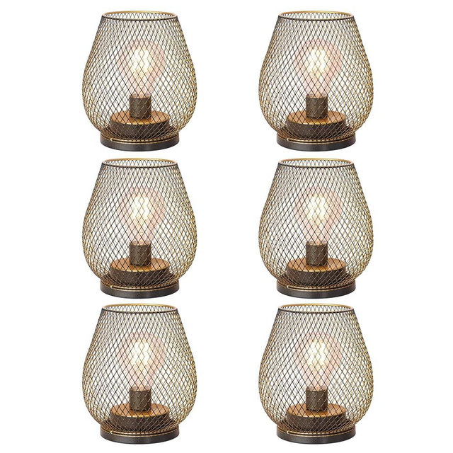 DECORKEY Set of 6 Battery Operated Lamp LED Table Lantern, Golden Metal Cage Cordless Lamps with LED Bulb, Vintage Decorative Outdoor Lantern for Weddings, Party, Patio, Events for Indoors Shelf Decor