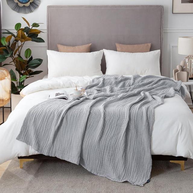 EMME Cotton Blanket King Size for Bed Soft Muslin Blankets 108"x90" Lightweight Breathable Layering Blanket Bedspread Coverlet All Season Gauze Blanket, Light Grey