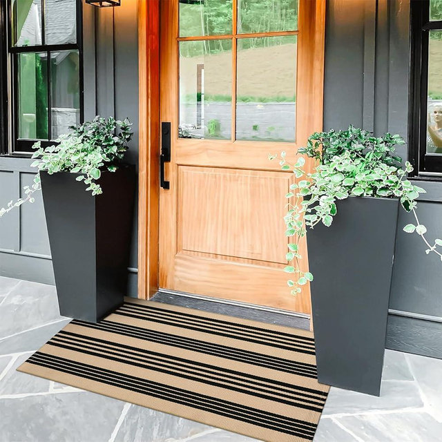 KIMODE Front Door Mats 24"x51", Black and Khaki Striped Layered Door Mats Outdoor,Machine Washable Farmhouse Front Porch Rug Decor, Spring Decorations Cotton Hand Woven Entryway Rug for Doorway