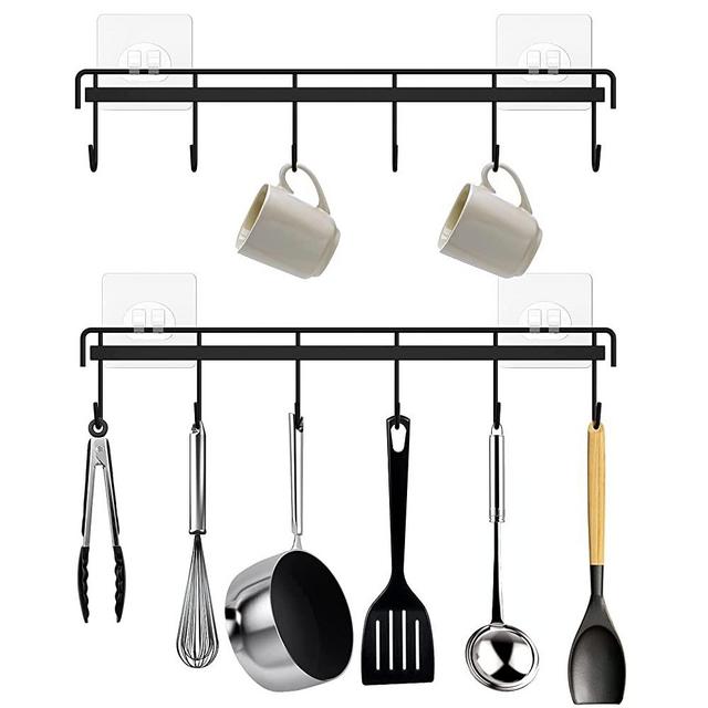 HOMEBROS Kitchen Utensil Rail with 6 Hooks, 2 Packs Space Saving Adhesive Kitchen Utensil Rack Holder Wall Mounted No Drilling Utensil Hanger for Kitchenware Cups Mugs Accessories - Black