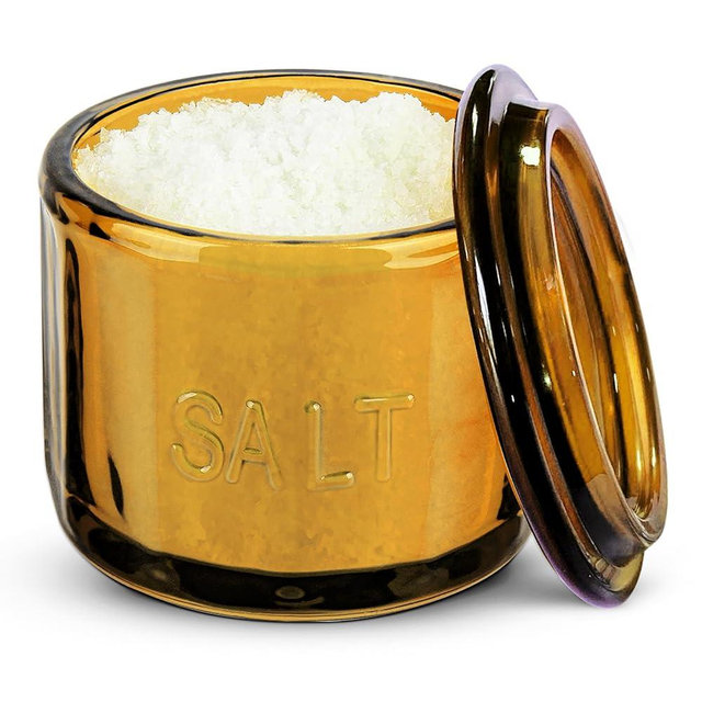 KooK Glass Salt Cellar, with Lid, Embossed Pressed Glass, Clear Storage Container, for Coffee, Sugar, Spices and Candies, Handwash Only, 10 oz, (Vintage)