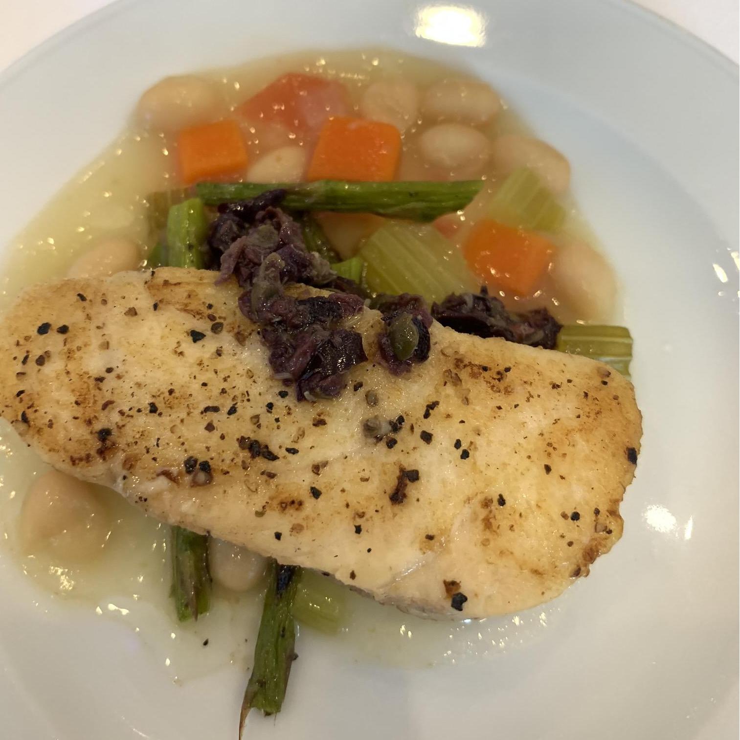 Local Wild Bass, Purple Mashed Potatoes , Grilled Asparagus, Caper Relish.