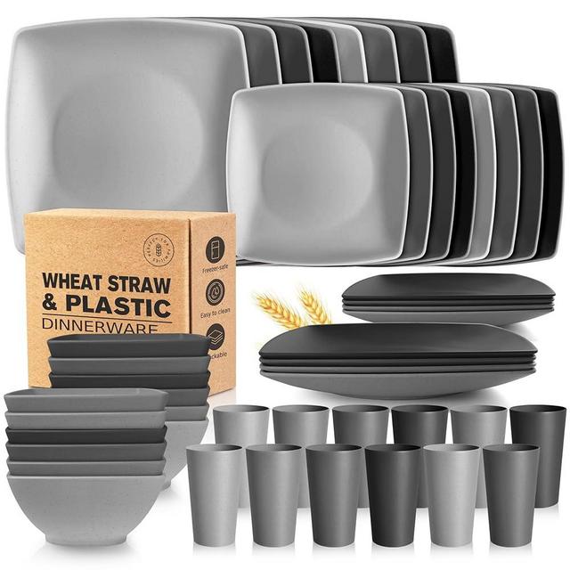 Teivio 48-piece Wheat Straw Square Dinnerware Set for 12, Unbreakable Dinner Plates, Salad Plates, Snack Bowls, Tumblers 20 oz, Dishwasher Safe, Gray Ombre