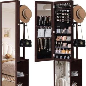 Full Length Mirror with Jewelry / Makeup Storage - Brown
