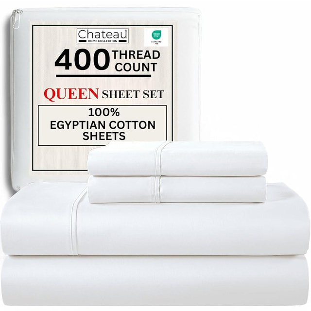 CHATEAU HOME COLLECTION Egyptian Cotton Sheets Queen Size, 400 Thread Count Deep Pocket Bed Sheet Set – Soft Cooling Sateen Weave, 15” Deep Pocket Queen Sheets, White
