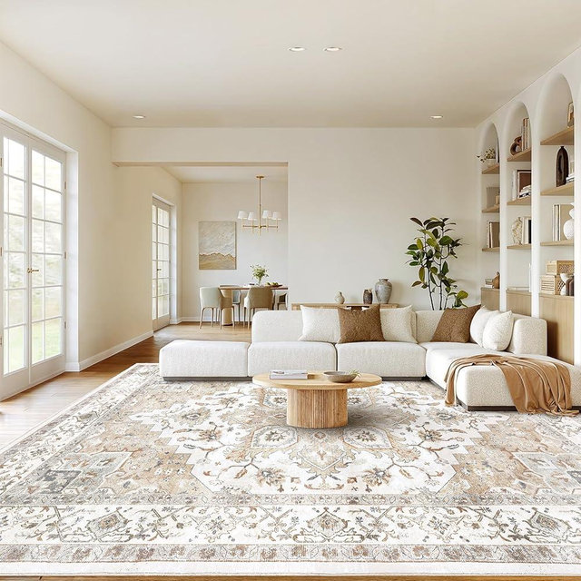 AMADA HOMEFURNISHING 9x12 Area Rugs, Low-Profile Large Washable Area Rug with Non-Slip Backing & Durable Edge Binding, Vintage Rugs for Living Room, Bedroom & Dinning Room