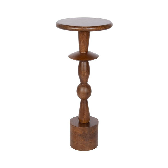 Kate and Laurel Avenal Modern Round Mango Wood Drink Table, 9 x 9 x 22, Walnut Brown, Mid-Century Mini Pedestal Table with Totem-Inspired Design for Indoor Plant Stand or Small Bedroom Nightstand
