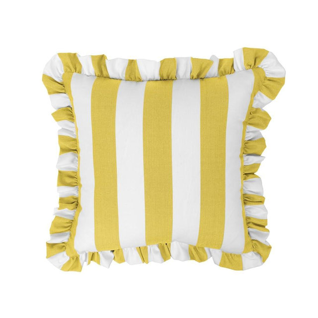 Sherry Kline Cabana Stripe Outdoor Throw Pillow Set of 2, 18x18 Inch Square Decorative Cushions with 2" Ruffle Trim, Reversible Indoor Patio Porch Pool Sofa Accent Pillows, Made in USA – Yellow/White