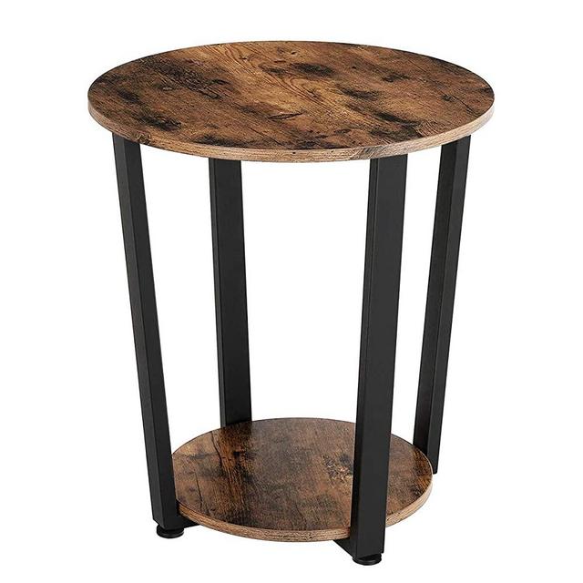 KingSo Round End Table 2-Tier Industrial Side Table with Storage Shelf Metal Frame Nightstand Easy Assembly & Sturdy Sofa Coffee Table for Living Room, Bedroom, Rustic Brown