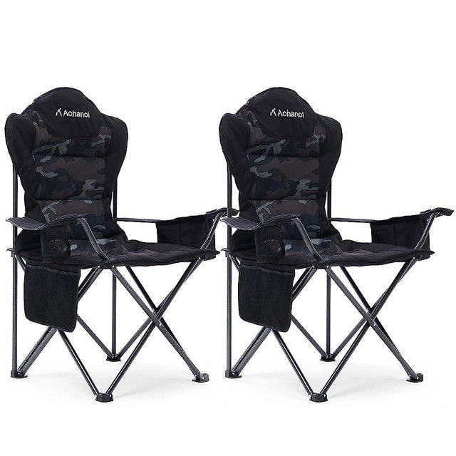 Aohanoi Camping Chairs, Outdoor Folding Chairs 2 Pack for Heavy People, Folding Chairs for Outside, Camp Chairs with Cup Holder & Cooler Bag, Supports up to 300lbs (2 Pcs, Camo)