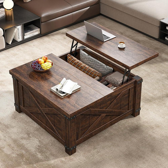 EnHomee Lift Top Coffee Table with Storage, 35.7" W Square Coffee Tables for Living Room, Small Coffee Table with Large Hidden Space, for Living Room, Bedroom, Home Office, Brown