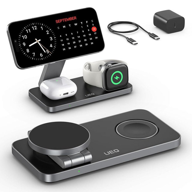 UEQ Foldable 3 in 1 Wireless Charging Station for Apple Compatible with Magsafe Charger Stand,Magnetic Wireless Charger Station for iPhone 16 15 14 13 12 Series,Airpods Pro,Apple Watch(Carbon Black)