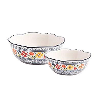 Gibson Elite 92996.02R Luxembourg Handpainted 8" & 10" Serving Bowls, Blue and Cream w/Floral Pesigns