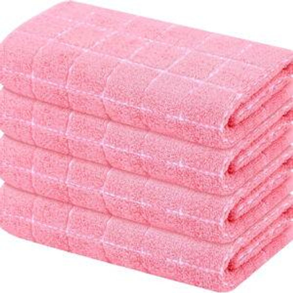 Mordimy 100% Cotton Terry Cloth Kitchen Towels, Super Soft and Absorbent Dish Towels for Drying, Checkered Designed Hand Towels for Kitchen, 16 x 26 Inches, 4 Pack, Pink