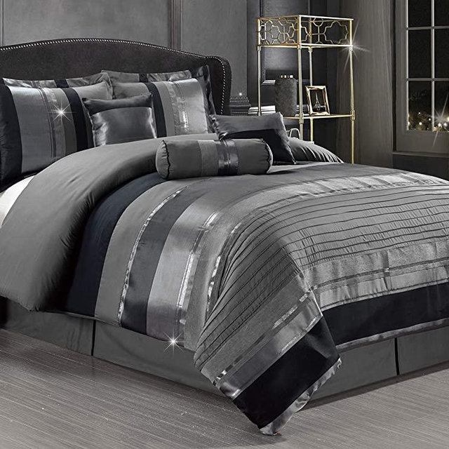 7-Piece (California) Cal King Size Chenille/Woven Jacquard Bedding Grey/Gray Silver Stripe Overize Comforter Set Bed in a Bag