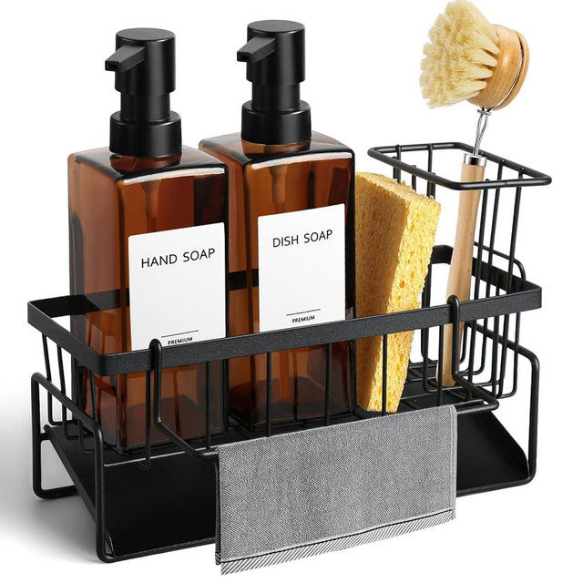 GMISUN Dish Soap Dispenser, 12 Fl oz / 350 ml Dual Soap Dispenser with Sponge Holder, Customized Amber Glass Kitchen Soap Dispensers Set, Modern Hand and Dish Soap Dispensers Set Removable